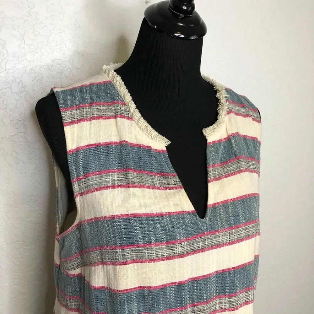 Anthropologie Holding Horses cream chambray blue pink fringe trim dress size 12